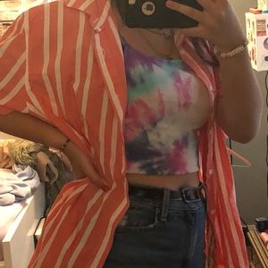 coral & white striped button up